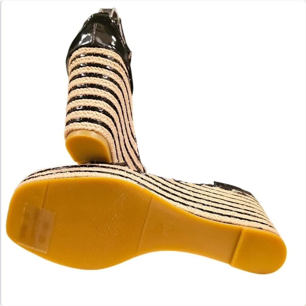 Black Patent Leather Espadrille Wedge Sandals With Ankle Strap & Buckle